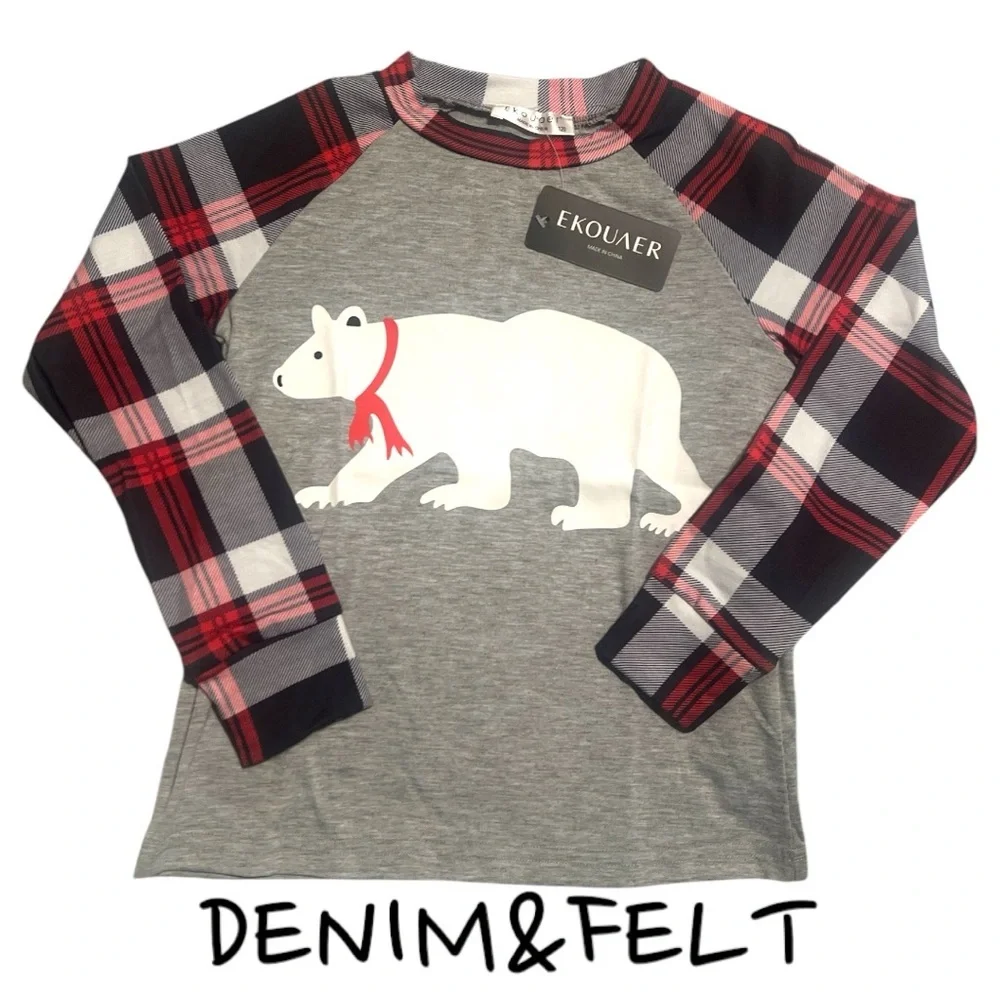 NEW Ekouaer Kids Polar Bear Plaid Pajama Set Red Black Grey Size 120